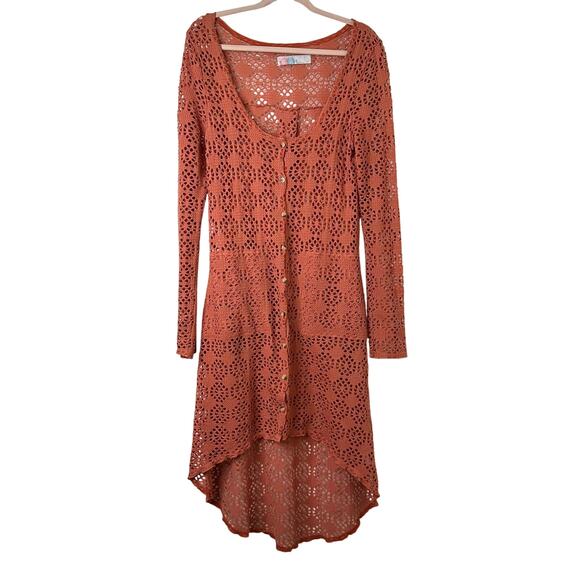 Md Free People Beach Cardigan Cover-Up Orange Open-Knit Pockets Boho Festival - Picture 2 of 7